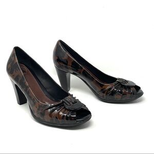 Nurture Drake Animal Print Brown Patent Leather Comfort Peep Toe Pumps Size 7.5
